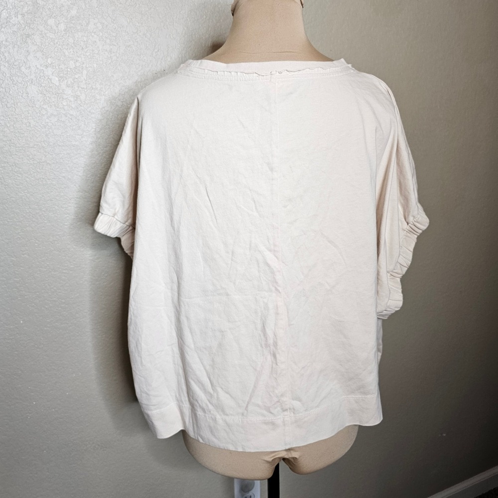 Bohme Womens XL Cream Beige 100% Cotton Ruched Short Sleeve Boxy Crop Top - Picture 3 of 7